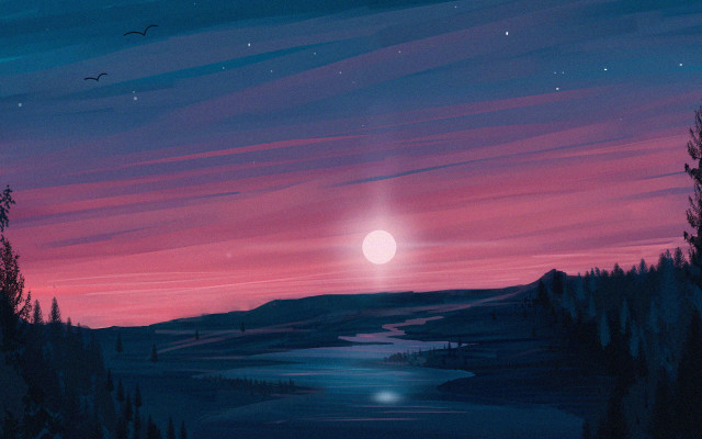 Sunset moon lake trees matte free wallpaper - medium preview image