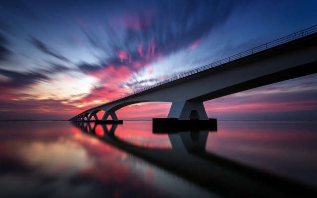 Bridge water sunset clouds matte free wallpaper for desktop - medium preview image