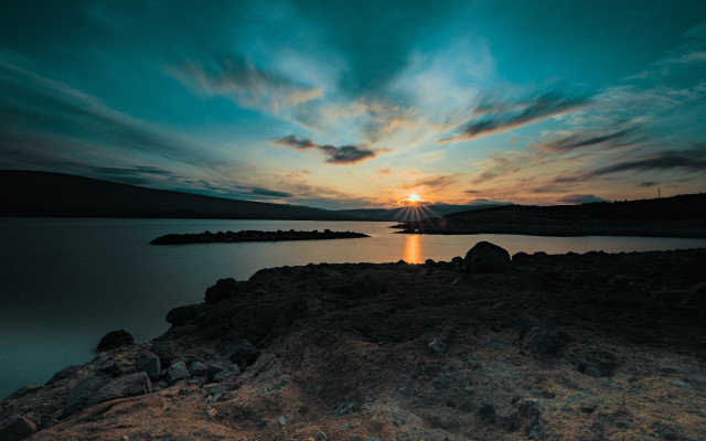 Sunset mountain water clouds beach free wallpaper - medium preview image