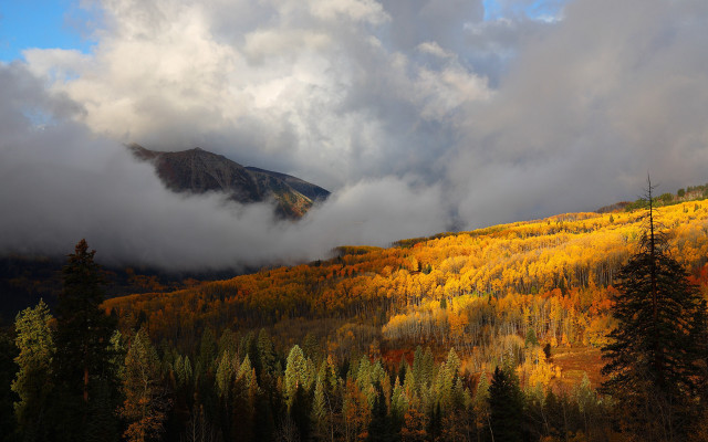 Mountain forest clouds autumn sunset free wallpaper - medium preview image