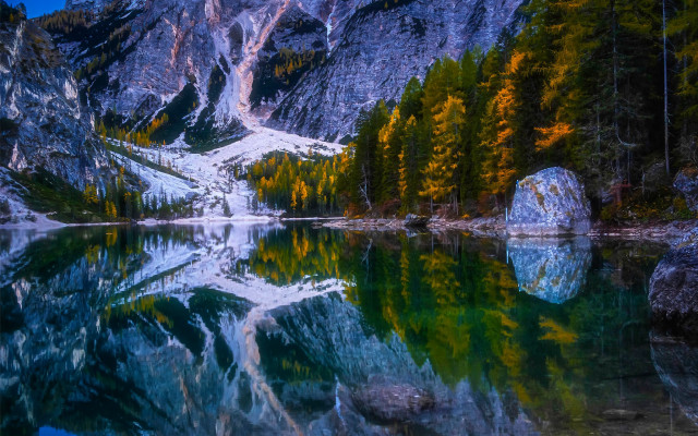 Mountain lake reflection forest mystical free wallpaper - medium preview image