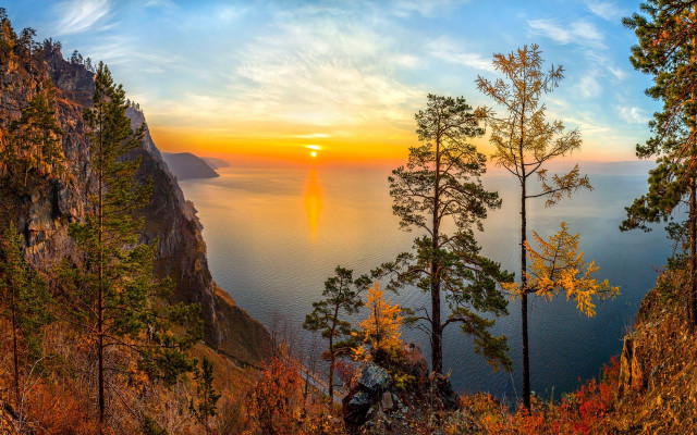 Sunset lake mountain trees cliff free wallpaper - medium preview image
