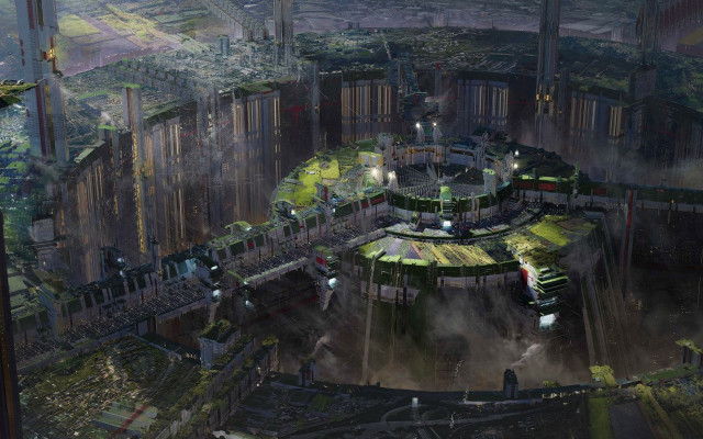 Futuristic city circular building trees free wallpaper - medium preview image