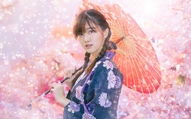 Woman kimono umbrella flower pink free wallpaper - medium preview image
