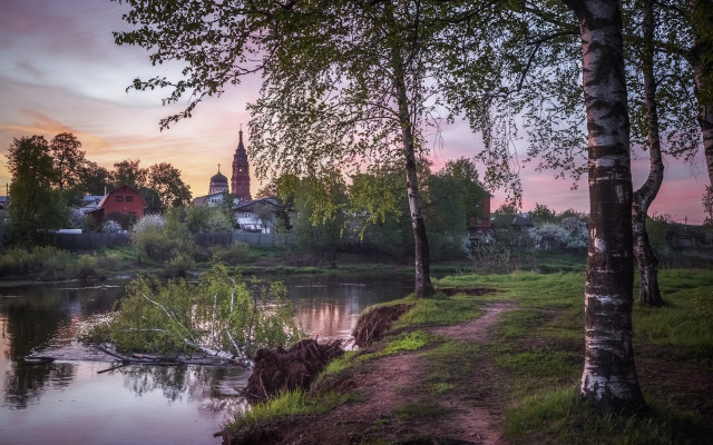 River path church sunset nature free wallpaper - medium preview image