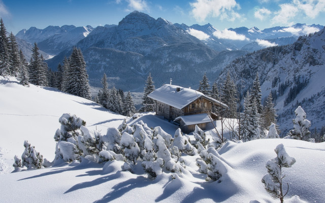 Snowy cabin mountains forest blue free wallpaper - medium preview image
