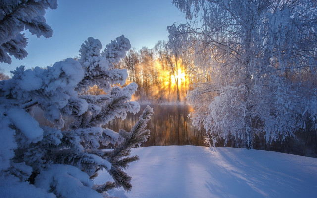 Snowy landscape trees lake sunset #4 free wallpaper - medium preview image