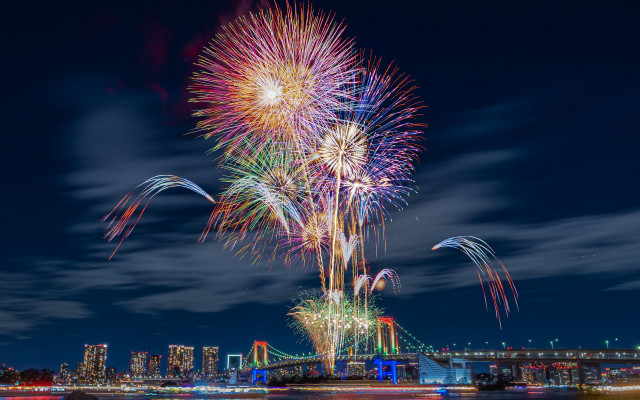 Fireworks city skyline bridge night free wallpaper - medium preview image