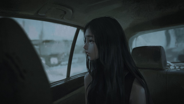 Woman sitting car snow gloomy free wallpaper - medium preview image