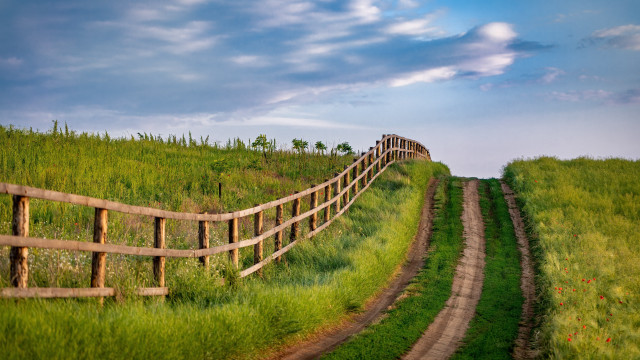 Wooden fence grassy hill dirt free wallpaper - medium preview image