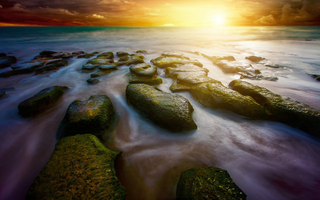 Longexposure sunset rockybeach waves cascading free wallpaper - medium preview image