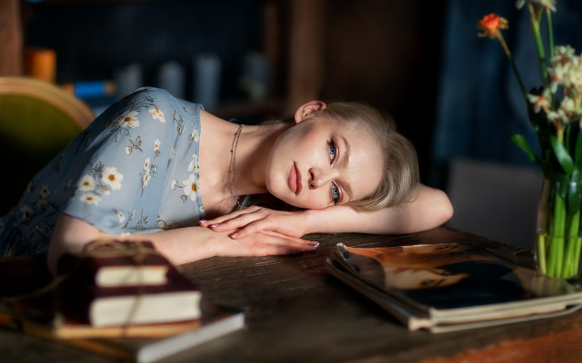Young girl book flowers portrait free wallpaper - medium preview image