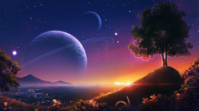 Planet tree night sky stars free wallpaper - medium preview image