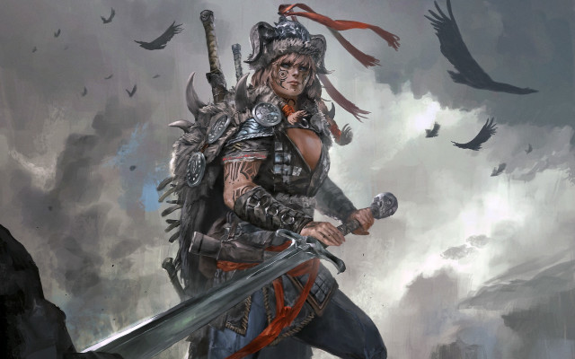 Woman sword helmet birds fantasy free wallpaper - medium preview image