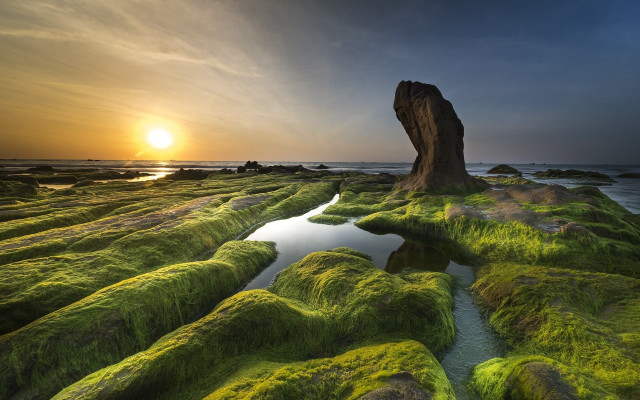 Mossy rock sunset cloudy horizon free wallpaper - medium preview image