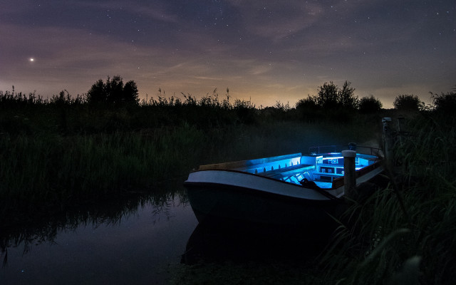 Boat night fullmoon bluelight aurora free wallpaper - medium preview image