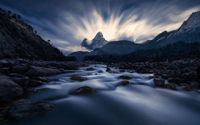 River forest mountains night cloudy free wallpaper - medium preview image
