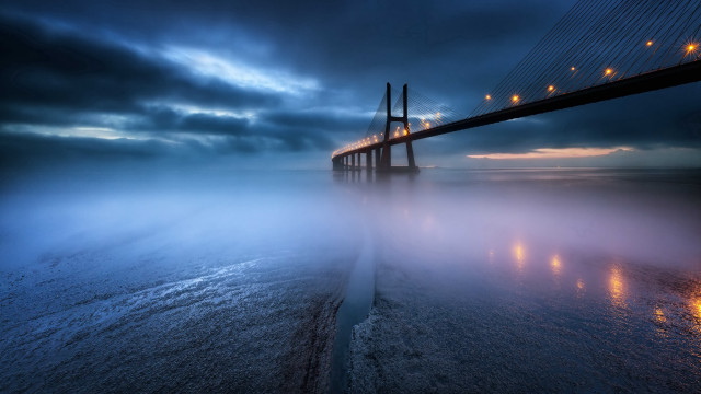 Foggy night bridge lights reflection free wallpaper - medium preview image