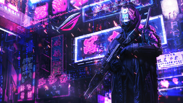 Futuristic man neon cityscape android free wallpaper - medium preview image