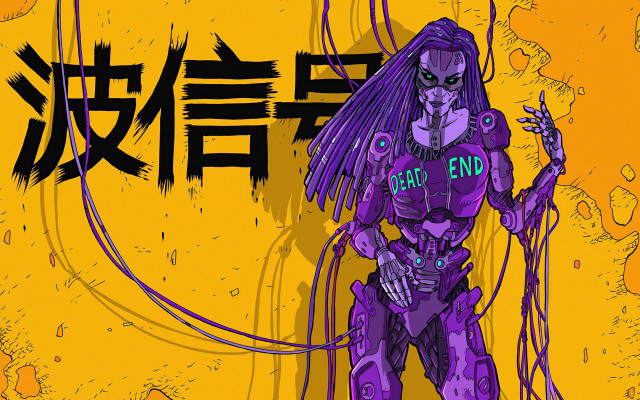 Purple robot eat sign cyberpunk free wallpaper - medium preview image