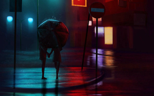 Night street umbrella moon planet free wallpaper - medium preview image