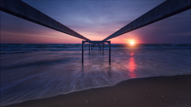 Sunset pier beach ocean waves free wallpaper - medium preview image