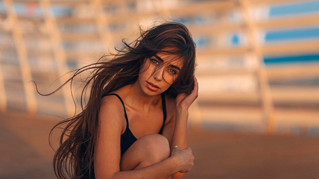 Woman beach blackbikini blowinghair portrait free wallpaper - medium preview image