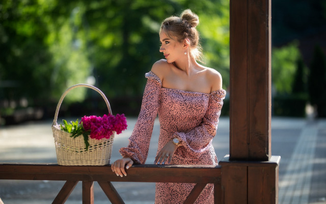 Pink dress woman basket flower free wallpaper - medium preview image