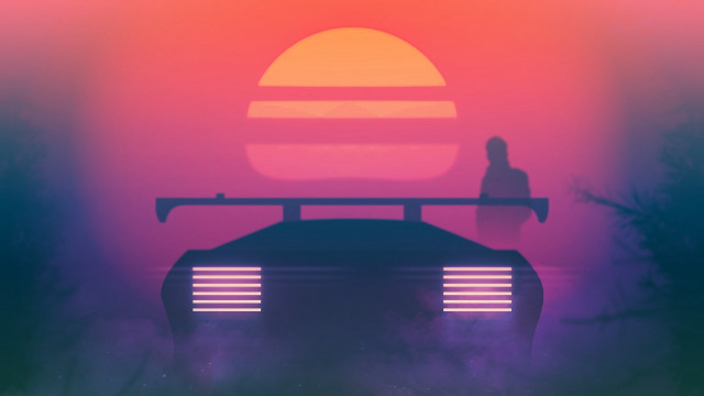 Car person sunset retrofuturism mountains free wallpaper - medium preview image
