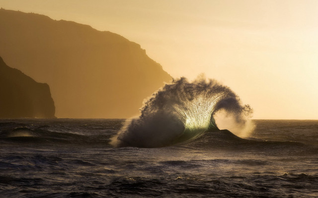 Crashing wave mountain sunset beach free wallpaper - medium preview image