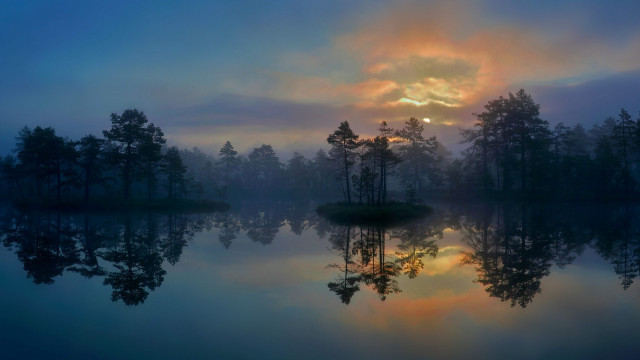 Lake sunset reflection mountains trees free wallpaper - medium preview image