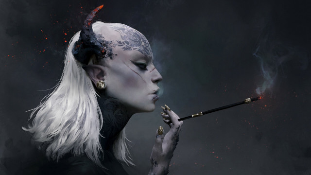White haired woman smoking fantasy free wallpaper - medium preview image