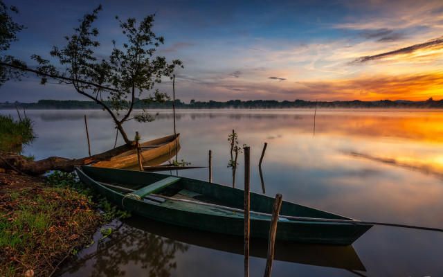 Lake sunset boat dock trees free wallpaper - medium preview image