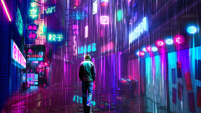 Man neon alley cyberpunk city free wallpaper - medium preview image