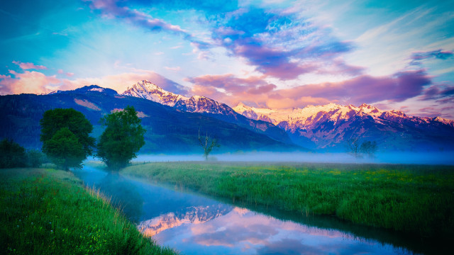 Lush green river mountains cloudy free wallpaper - medium preview image
