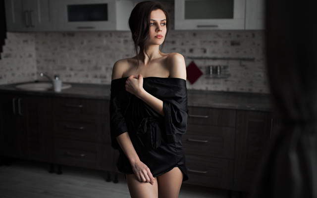 Woman black dress kitchen portrait free wallpaper - medium preview image