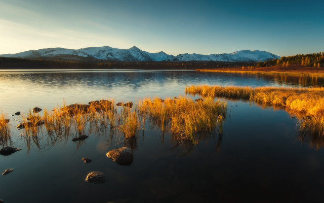 Lake grass mountains sunset fire free wallpaper - medium preview image