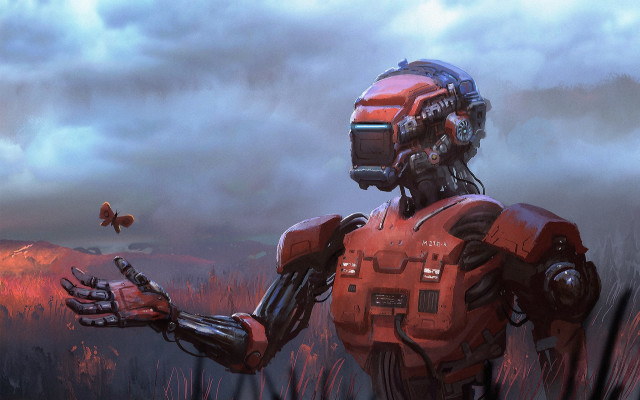 Robot butterfly field cyberpunk glowing free wallpaper - medium preview image