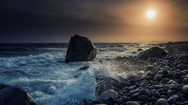 Rock sunset mountain ocean water free wallpaper - medium preview image