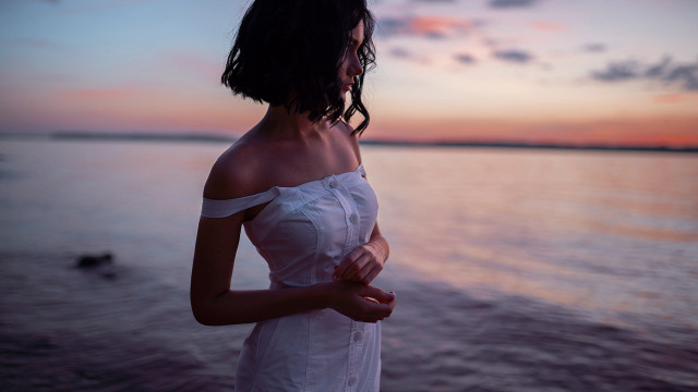 Woman beach sunset white dress free wallpaper - medium preview image