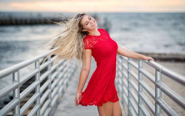 Woman red dress water smiling free wallpaper - medium preview image
