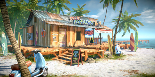 Beach shack scooter man standing free wallpaper - medium preview image