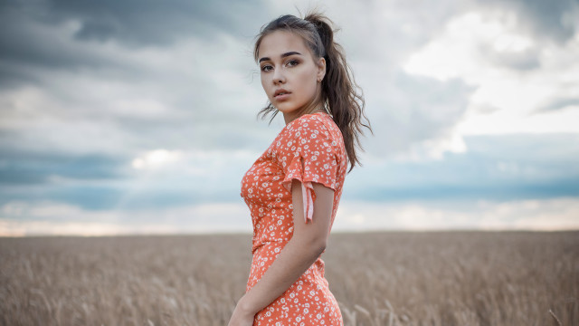 Woman dress field cloudy sky free wallpaper - medium preview image