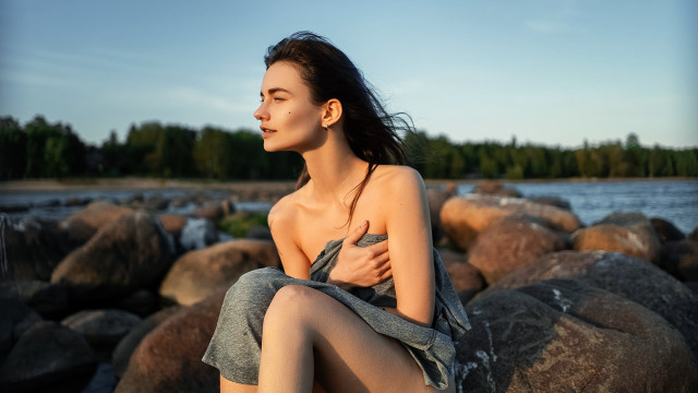 Woman rock water forest blue free wallpaper - medium preview image