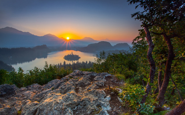 Sunset lake mountains trees island free wallpaper - medium preview image