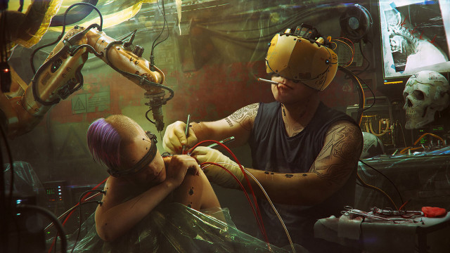 Weird headpiece hairdress cyberpunk dystopian free wallpaper - medium preview image