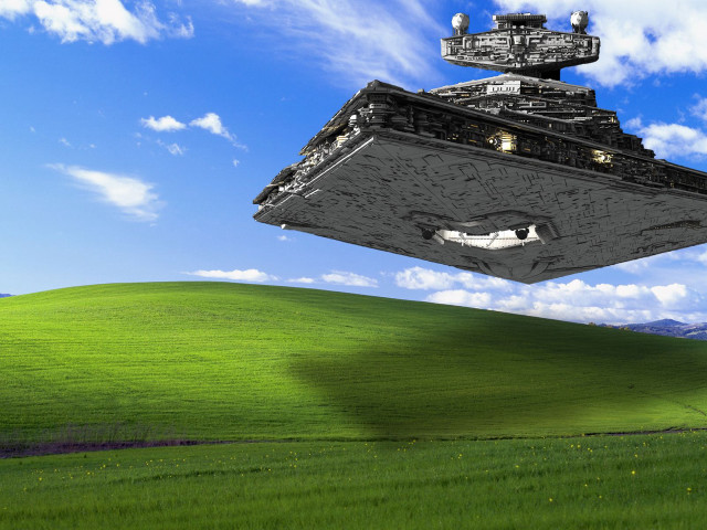 Futuristic spaceship flying green field free wallpaper - medium preview image