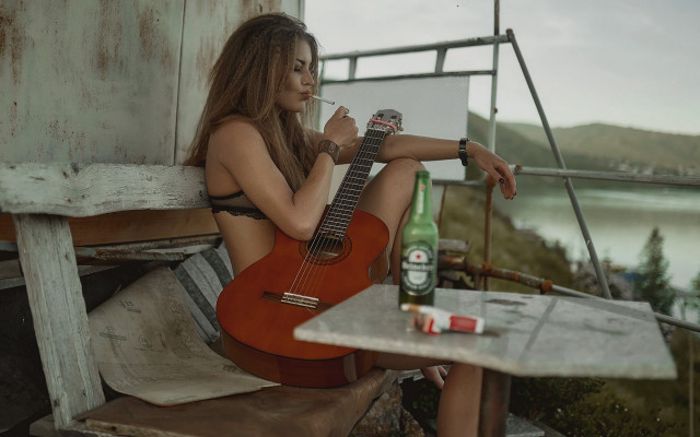 Woman sitting guitar beer art free wallpaper for desktop - medium preview image