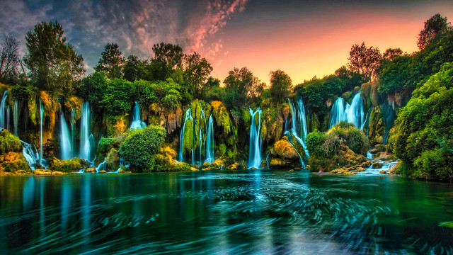 Waterfall river forest sunset impressionist free wallpaper - medium preview image