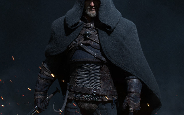 Black hooded swordman fire background free wallpaper - medium preview image